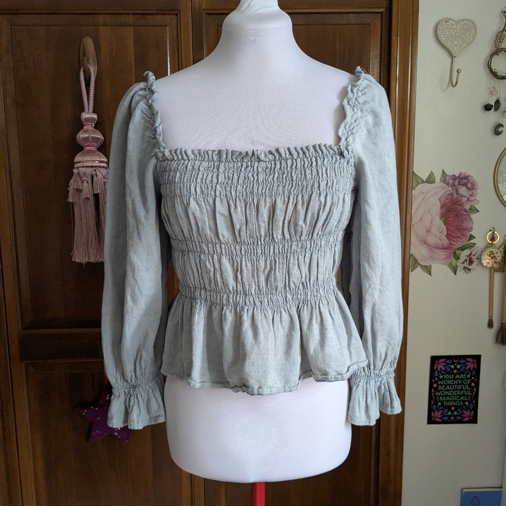 Who What Wear Light Blue Smocked Blouse